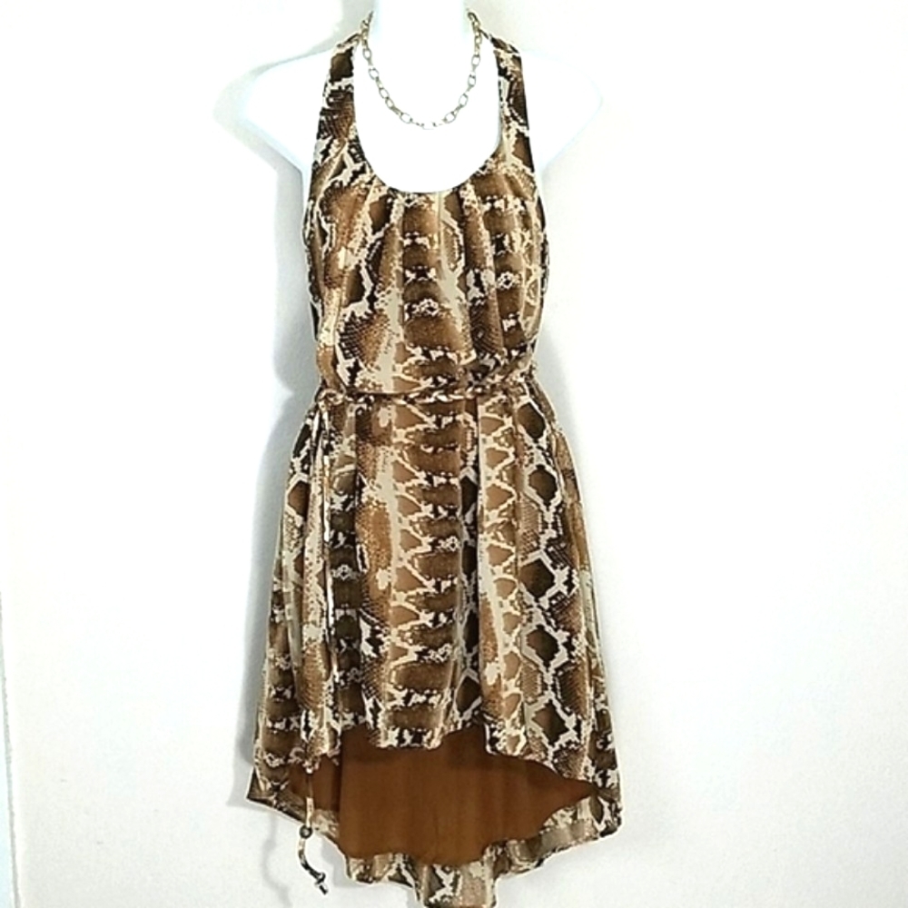 Sundress belted Python snake print lined chiffon high low Brown Tan Cream XS